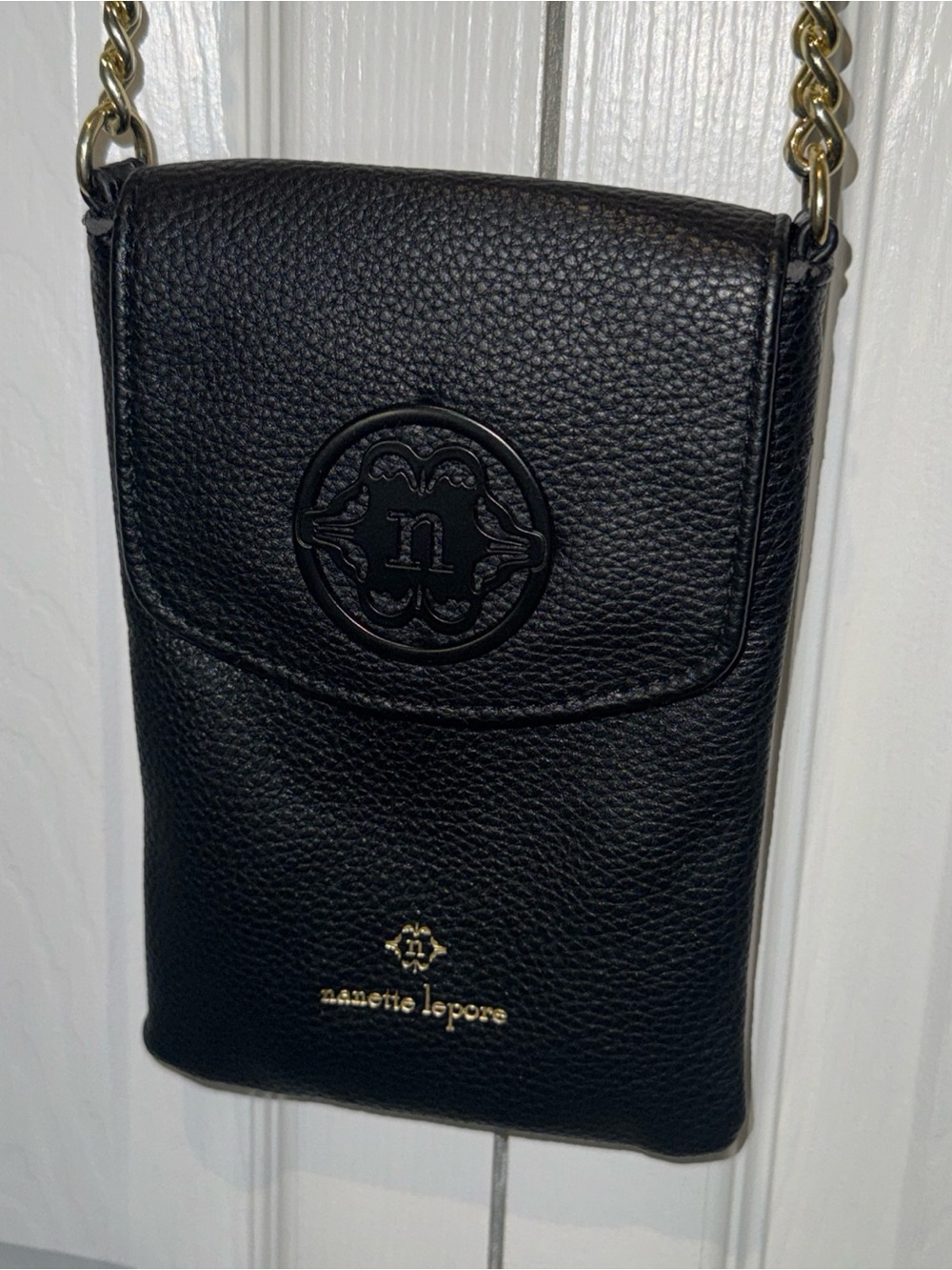 Nanette Lepore Black Pebbled Leather Chain-Accent Crossbody Pouch